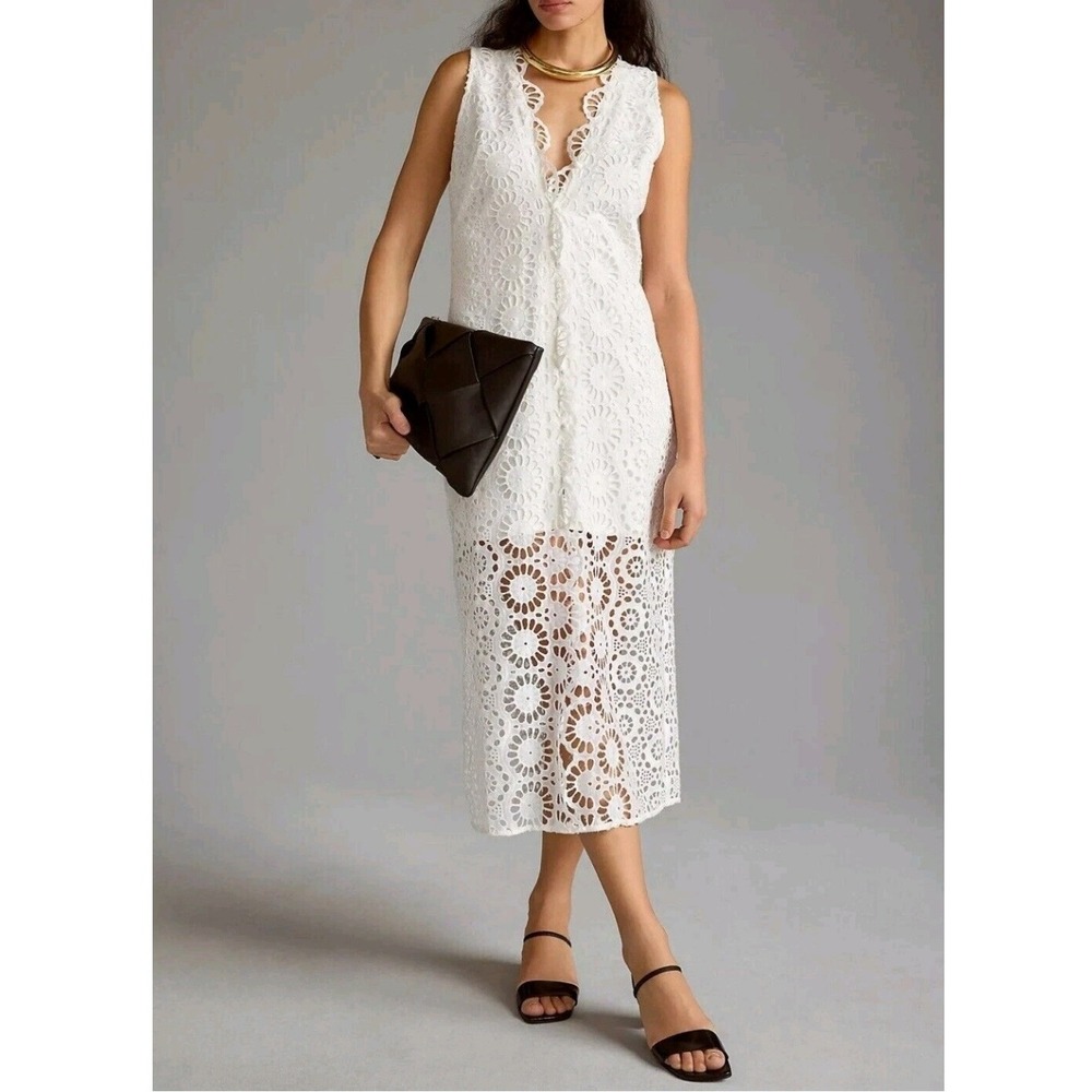 Maeve‎ Anthropologie White Eyelet Lace Button Front Midi Dress Sz 14P Boho Event